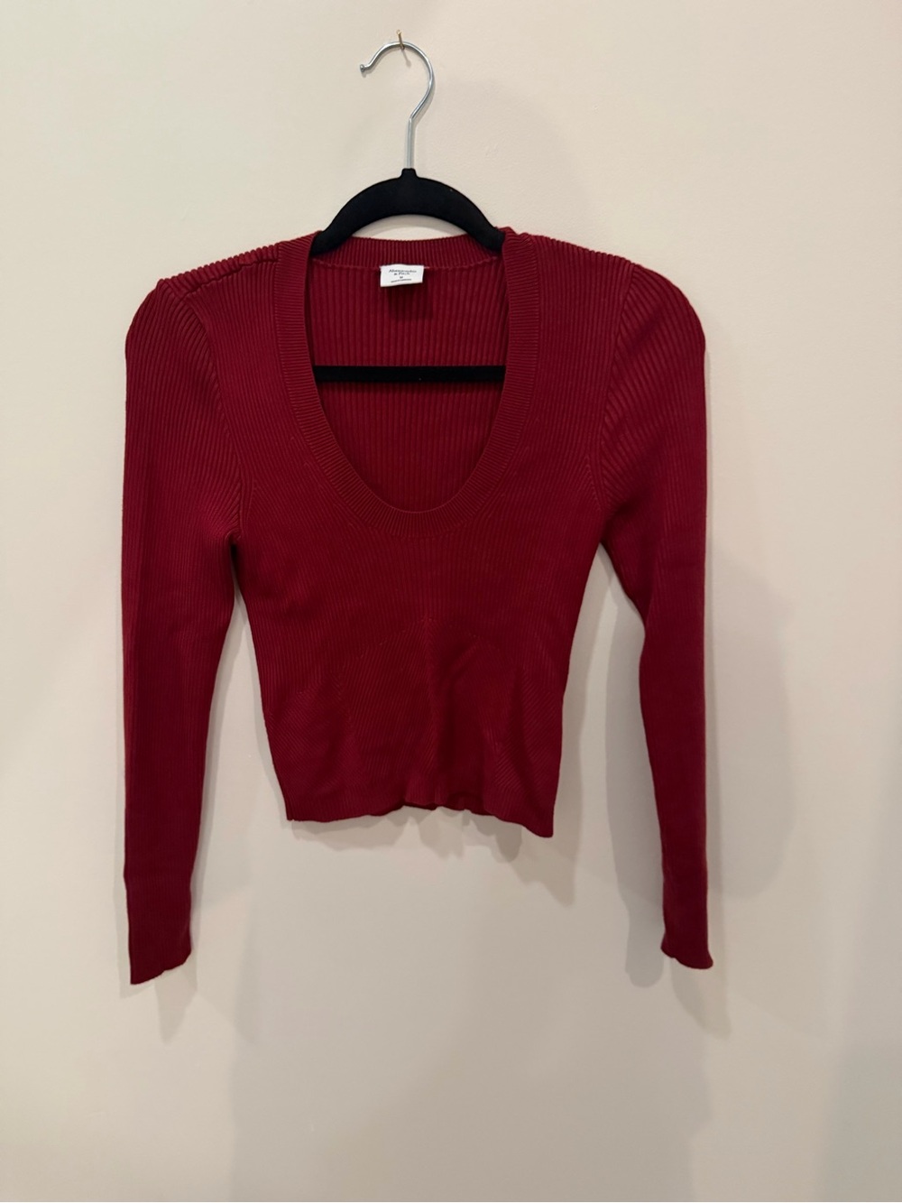 Ribbed Scoop Neck Long Sleeve Top - Burgundy